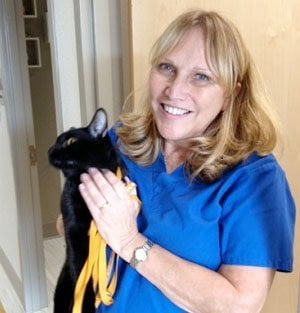 Team member Dr. Caroline Chamarande holding a black cat